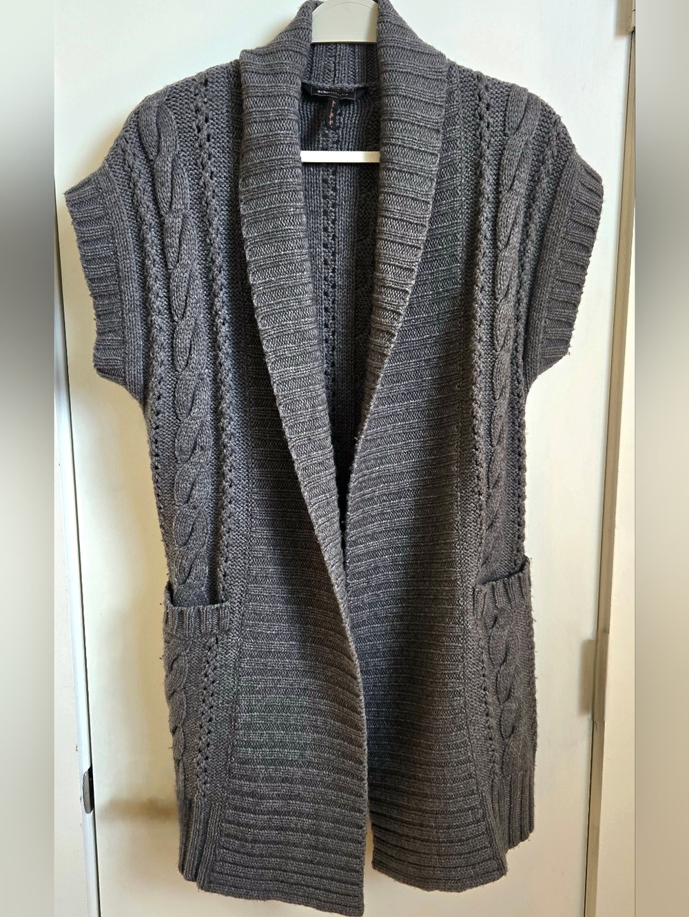 BCBGMaxAzria Dark Gray Cable Knit Open Front Sleeveless Cardigan
